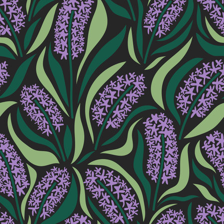 Aesthetic contemporary printable seamless pattern with hyacinths. Modern floral background for textile, fabric, wallpaper, wrapping, gift wrap, paper, scrapbook and packaging.Vector naive artのイラスト素材