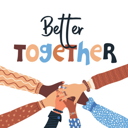 Better together. Group of diversity skin hands, touching each other. Diversity, inclusion and equity concept. Racial equality and anti-racism. multicultural society. vector illustrationのイラスト素材