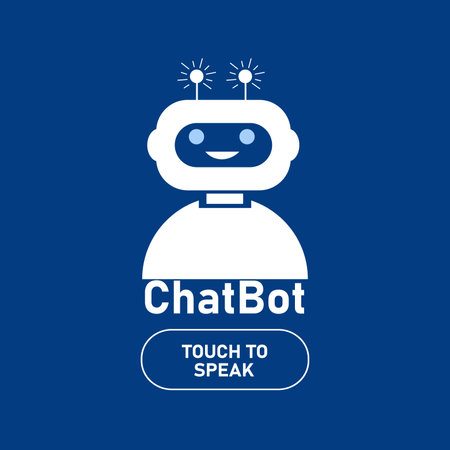 Smiling robot headphone on blue background. Chatbot logo design. Virtual smart assistant bot and customer service support concept. vector illustration.のイラスト素材