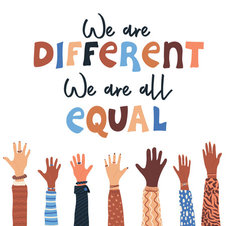 We are different, we are all equal. Hands of people multi ethnic races. Diversity, inclusion and equity concept. Racial equality and anti-racism. multicultural society. vector illustrationのイラスト素材