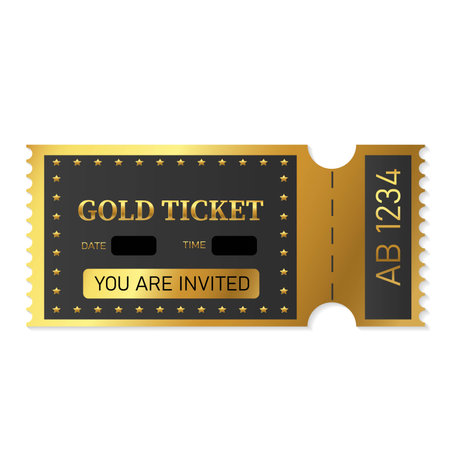 gold ticket. Useful for any festival, party, cinema, event, entertainment show. vector illustrationのイラスト素材
