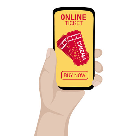 Human hands holding mobile phone with cinema tickets on screen. Buying movie tickets online using a mobile app. vector illustrationのイラスト素材