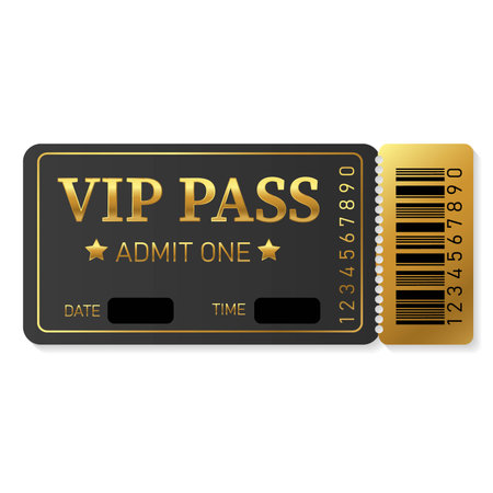 Golden vip pass admission ticket. Concert, cinema, movie, party, event, dance, festival premium collection.Vector illustrationのイラスト素材