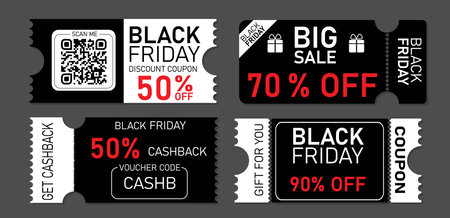 Set of black friday coupon promotion sale for website, internet ads, social media or coupon. Gift voucher, discount and cashback coupons. vector illustrationのイラスト素材