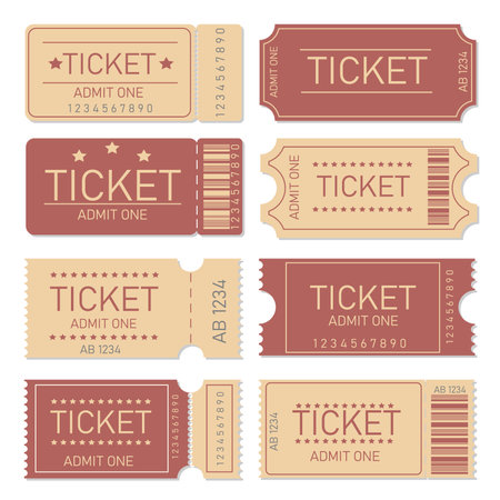 Retro ticket template set for cinema, theater, concert, play, party, event or festival. Vintage paper admit one and ticket samples icons. vector illustrationのイラスト素材