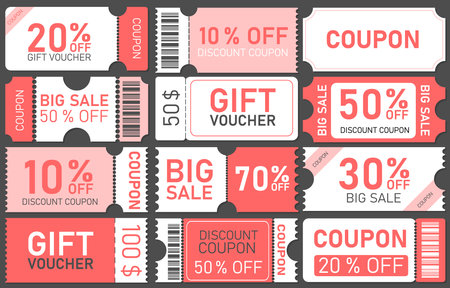 Various coupon promotion illustration set for website, internet ads, social media. Gift voucher,...