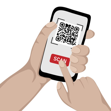 Human hand holding mobile phone with qr code on screen. Scanning QR code with mobile smartphone....