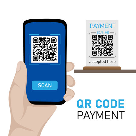 Human hand holding mobile phone with app for scanning qr code on screen. Qr code payment, online...