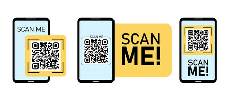 QR code on smartphone screen with scan me text. QR code for payment, e-wallet, web, mobile app. UI...
