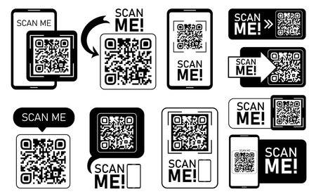 Set of QR codes with scan me text. QR code for payment, e-wallet, web, mobile app. UI UX design...