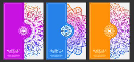 Set of colorful cards with the image of a circular mandala for print, poster, cover, brochure, flyer, banner. Arabic Islamic style. Vector Henna tattoo styleのイラスト素材
