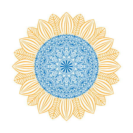 Sunflower Mandala design in blue and yellow colors. Decorative boho ornament in ethnic oriental style. Coloring book page. Oriental pattern, vector illustrationのイラスト素材
