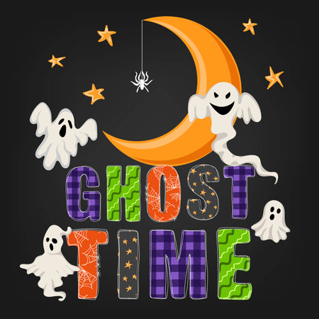 ghost time. Hand drawn doodle text with ghosts, moon and stars. happy halloween. Holiday design for poster, banner, t shirt, card, flyer, invitation. vector illustrationのイラスト素材