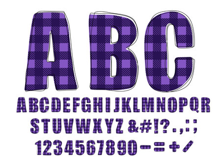 Trendy checkered alphabet. Hand drawn doodle font with violet plaid pattern. Modern Uppercase letters, numbers and punctuation marks. For poster, banner, T-shirt. vector illustrationのイラスト素材