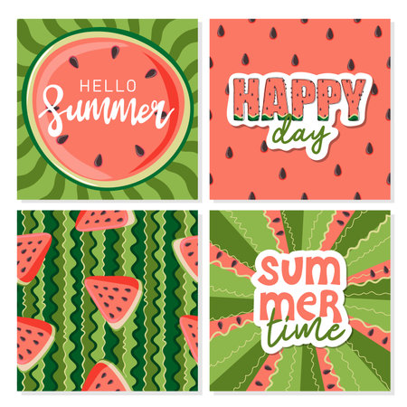 hello summer. Set of summer cards with watermelon and handwritten text. vector illustrationのイラスト素材