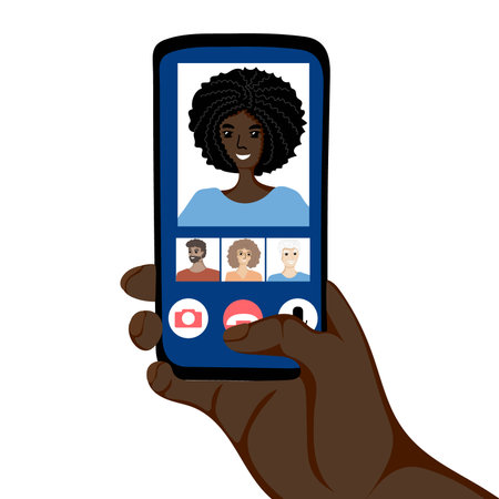Human hand holding mobile phone with video call on screen. Video conferencing and online communication concept. vector illustrationのイラスト素材