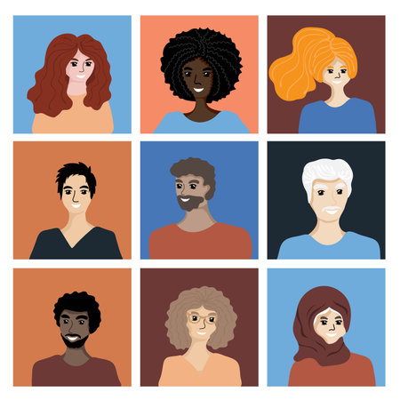 A set of people's faces: men, women, young and elderly of different races and nations. Diversity and inclusion concept.Gender and age diversity. multicultural society. Avatars. vector illustrationのイラスト素材
