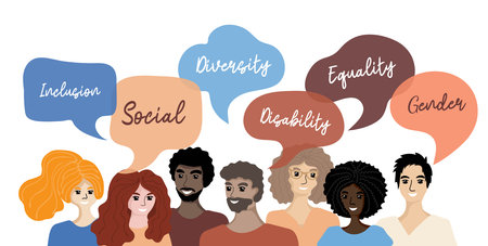 Group of people multi ethnic races with chat bubbles. Diversity and inclusion concept. Racial equality and anti-racism. gender and age diversity. multicultural society. vector illustrationのイラスト素材