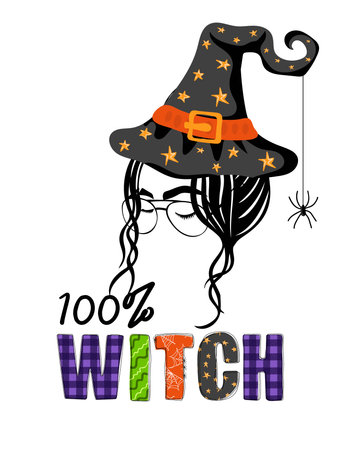 100 percent witch. Hand drawn woman face in witch hat and doodle text. Happy halloween concept. Holiday design for poster, banner, t shirt, card, flyer, invitation. vector illustrationのイラスト素材