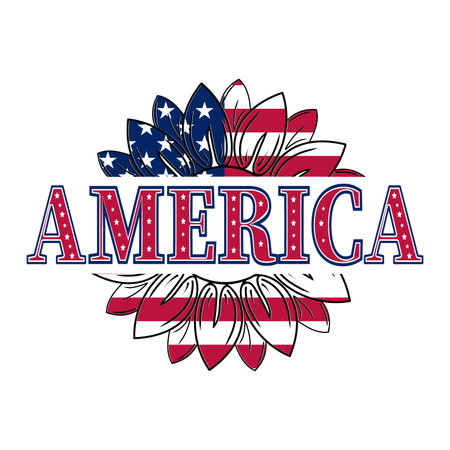 America text in color of USA flag in sunflower. Symbol 4th of July. Happy Independence Day. vector illustrationのイラスト素材