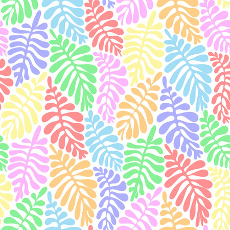 Aesthetic contemporary printable seamless pattern with leaves in pastel rainbow colors. Modern floral background for textile, fabric, wallpaper, wrapping, gift wrap, paper, scrapbook and packagingのイラスト素材