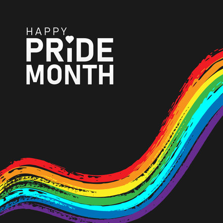 Happy pride month paper text and rainbow gradient brush strokes on black background. Human rights or diversity concept. LGBT event banner design. vector illustrationのイラスト素材