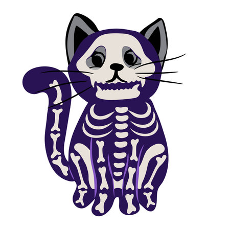 Cute cat in spooky outfit of skeleton. Halloween Cat Costume Party. vector illustration.のイラスト素材