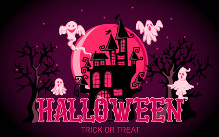 Happy Halloween banner or party invitation background. Holiday design with scary castle, ghosts on moon background. vector illustrationのイラスト素材