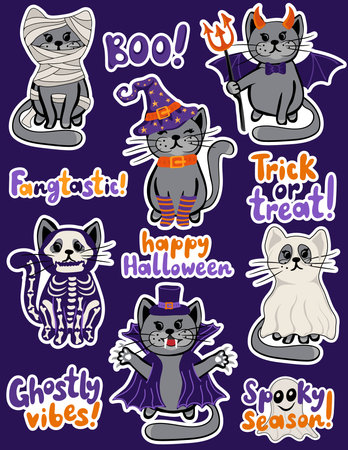 Set of halloween stickers with cute cats in spooky outfits and funny quotes. Perfect for scrapbooking, greeting card, party invitation, poster, tag, sticker kit. vector illustrationのイラスト素材