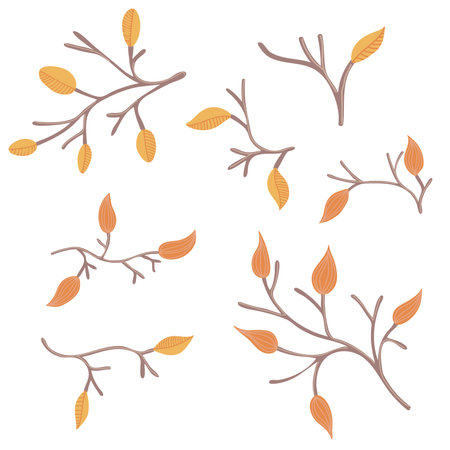 Set of autumn twigs with leaves. Hand drawn elements for autumn decorative design, halloween invitation, harvest or thanksgiving. vector illustrationのイラスト素材