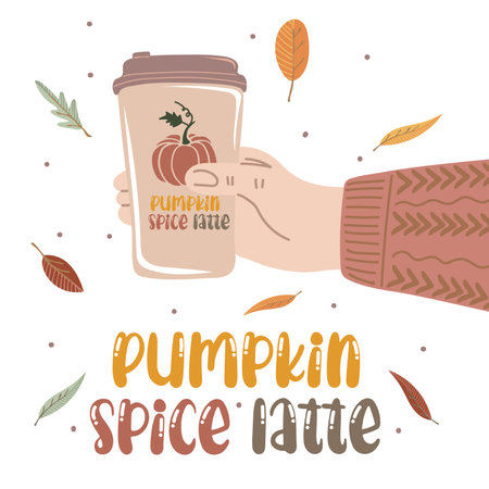 Human hand holding cup of hot drink. Pumpkin spice latte with whipped cream and cinnamon. vector illustrationのイラスト素材