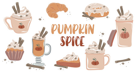 pumpkin spice. Set of autumn pumpkins drinks and desserts. Muffin, donut, pie, croissant and latte with whipped cream and cinnamon for autumn design. vector illustrationのイラスト素材