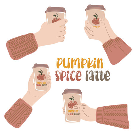 Set of human hands holding cups of hot drink. Pumpkin spice latte with whipped cream and cinnamon. vector illustrationのイラスト素材