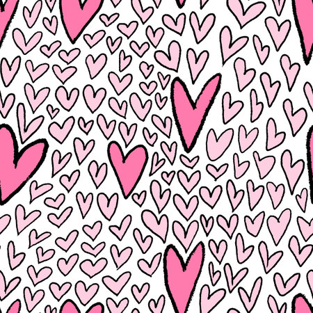 Seamless pattern with abstract pink hearts. Hand drawn ink print for fabric, textiles, wrapping paper. vector illustrationのイラスト素材