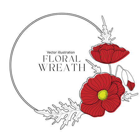 Romantic circle frame with red poppies. Floral wreath for labels, branding business identity, wedding invitation. elegant logo template. vector illustration.のイラスト素材