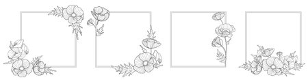 Set of romantic square frames with poppies. Floral wreath for labels, branding business identity, wedding invitation. elegant logo template. vector illustration.のイラスト素材
