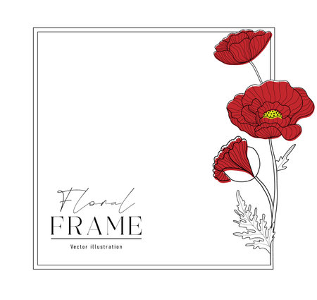 Romantic square frame with red poppies. Floral design for labels, branding business identity, wedding invitation. vector illustration.のイラスト素材