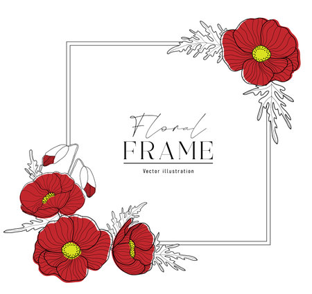 Romantic square frame with red poppies. Floral design for labels, branding business identity, wedding invitation. vector illustration.のイラスト素材
