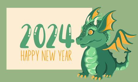 New year banner with cute baby dragon cartoon. Green Dragon symbol of 2024 year. hand drawn vector illustrationのイラスト素材