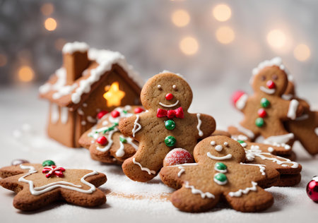 Christmas homemade gingerbread cookies on snow with bokeh lights backgroundの素材