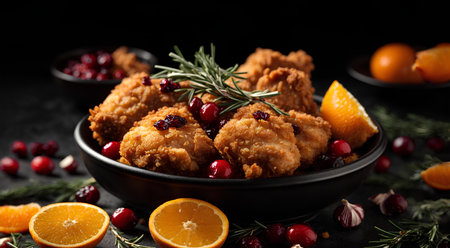 Fried chicken nuggets with cranberries and rosemary on black backgroundの素材