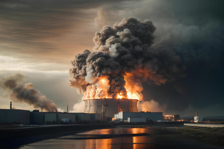 Nuclear explosion at atomic power plant at night. environmental disasterの素材