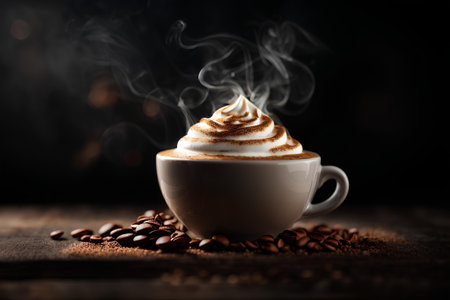 Cup of cappuccino with coffee beans on wooden backgroundの素材