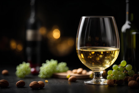 Glass of white wine with grapes and nuts on a black background.の素材
