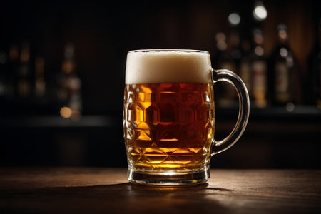 Mug of beer on a wooden table in a pub. dark background.の素材