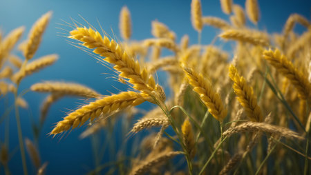 Ears of wheat on a blue background. Shallow depth of field.の素材
