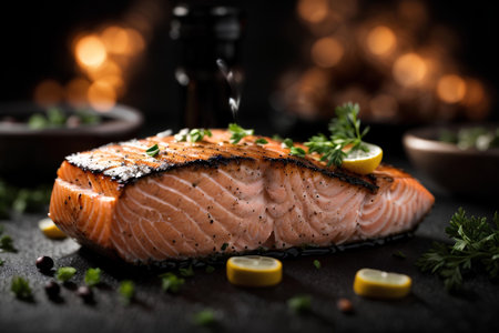 Grilled salmon steak with lemon and parsley on black stone backgroundの素材