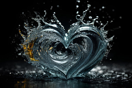 Heart made of water splashes on a black background. 3d renderingの素材