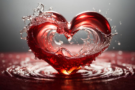 Heart made of water splashes and drops on a red background.の素材