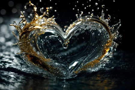 Heart made of water splashes on dark background. Love concept.の素材